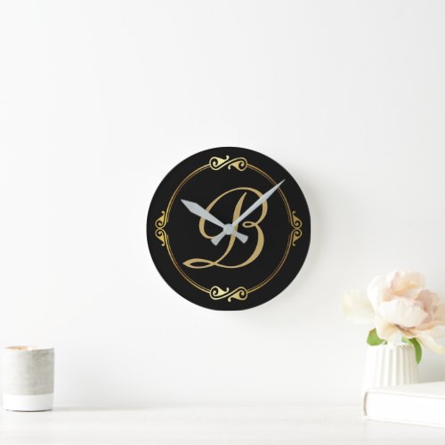 Monogram in gold with infinity circle on Black  Round Clock
