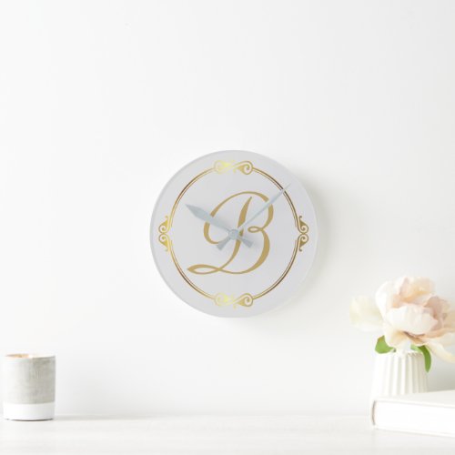 Monogram in gold with infinity circle on Gray  Round Clock