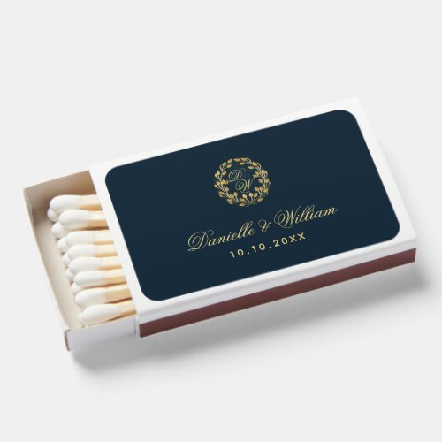 Monogram in Gold Wreath Vintage Blue Wedding Favor Matchboxes