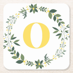 Monogram in O in Gold/Lemon with a Floral Ring Square Paper Coaster