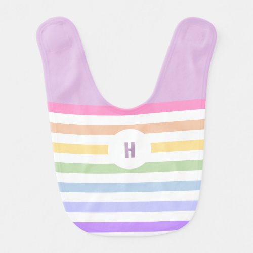 Monogram in White Circle Pastel Rainbow Stripes Baby Bib