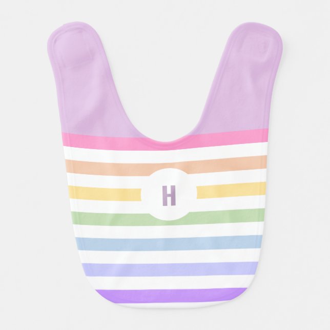 Monogram in White Circle Pastel Rainbow Stripes Baby Bib (Front)