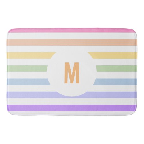 Monogram in White Circle Pastel Rainbow Stripes Bath Mat