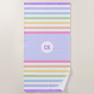Monogram in White Circle Pastel Rainbow Stripes Beach Towel