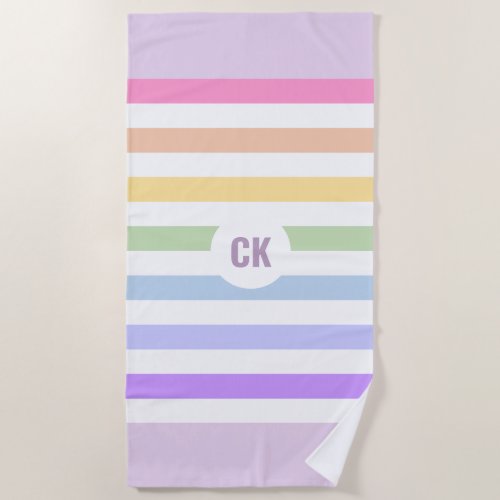 Monogram in White Circle Pastel Rainbow Stripes Beach Towel