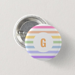Monogram in White Circle Pastel Rainbow Stripes Button
