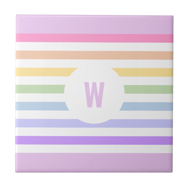 Monogram in White Circle Pastel Rainbow Stripes Ceramic Tile (Front)