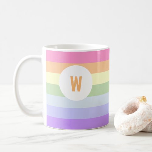 Monogram in White Circle Pastel Rainbow Stripes Coffee Mug