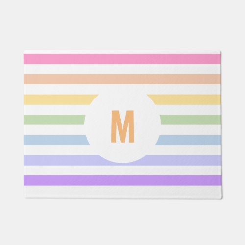 Monogram in White Circle Pastel Rainbow Stripes Doormat