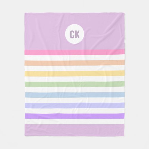 Monogram in White Circle Pastel Rainbow Stripes Fleece Blanket