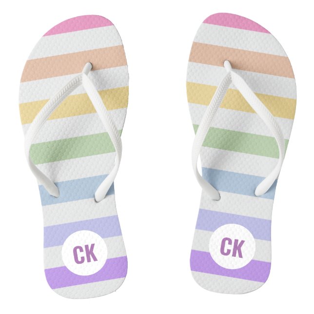 Monogram in White Circle Pastel Rainbow Stripes Flip Flops (Footbed)