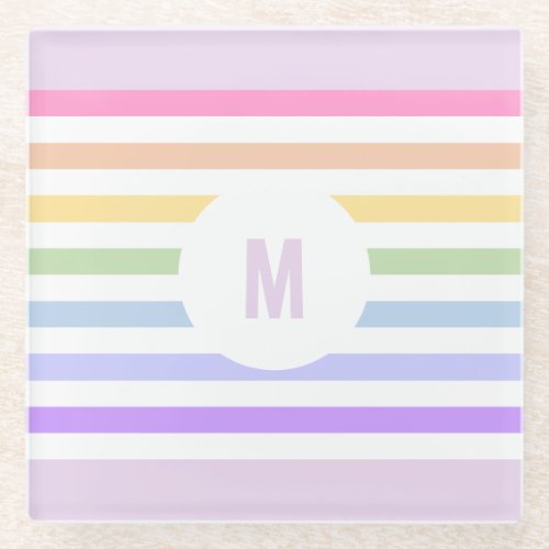 Monogram in White Circle Pastel Rainbow Stripes Glass Coaster