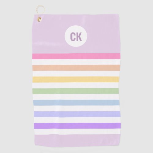 Monogram in White Circle Pastel Rainbow Stripes Golf Towel