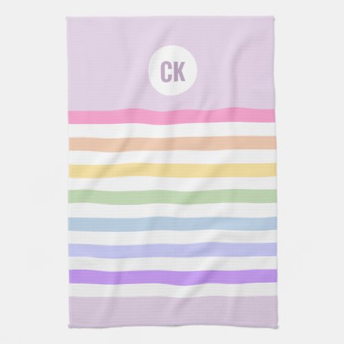 Monogram in White Circle Pastel Rainbow Stripes Kitchen Towel