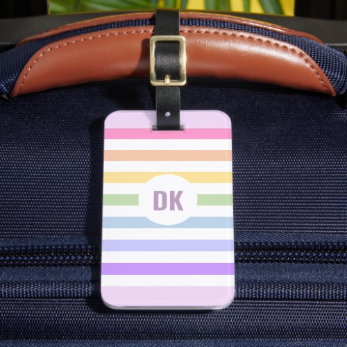 Monogram in White Circle Pastel Rainbow Stripes Luggage Tag