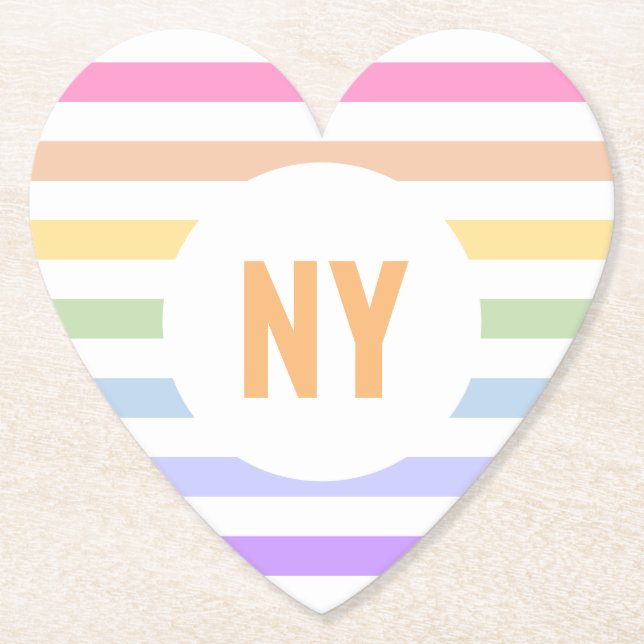 Monogram in White Circle Pastel Rainbow Stripes Paper Coaster (Front)