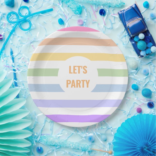 Monogram in White Circle Pastel Rainbow Stripes Paper Plates (Party)
