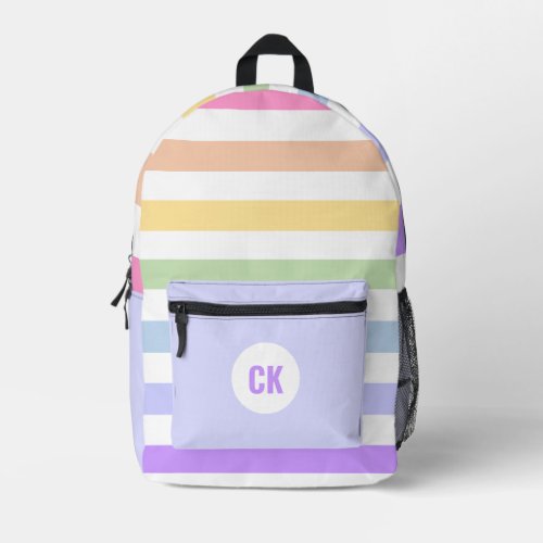 Monogram in White Circle Pastel Rainbow Stripes Printed Backpack