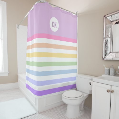 Monogram in White Circle Pastel Rainbow Stripes Shower Curtain