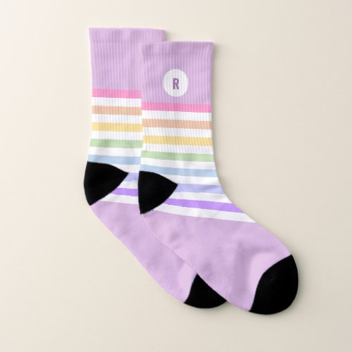 Monogram in White Circle Pastel Rainbow Stripes Socks
