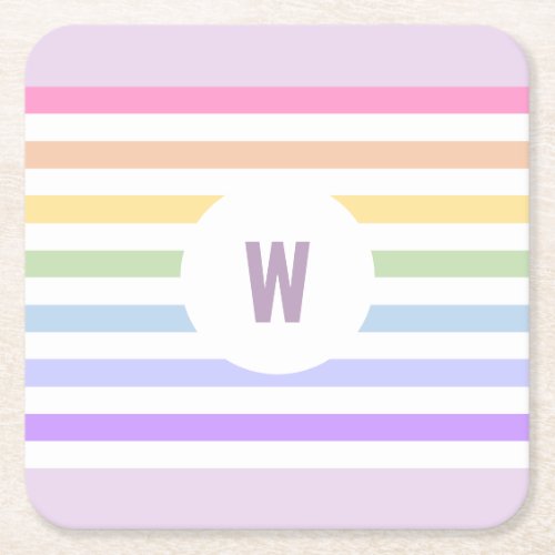 Monogram in White Circle Pastel Rainbow Stripes Square Paper Coaster