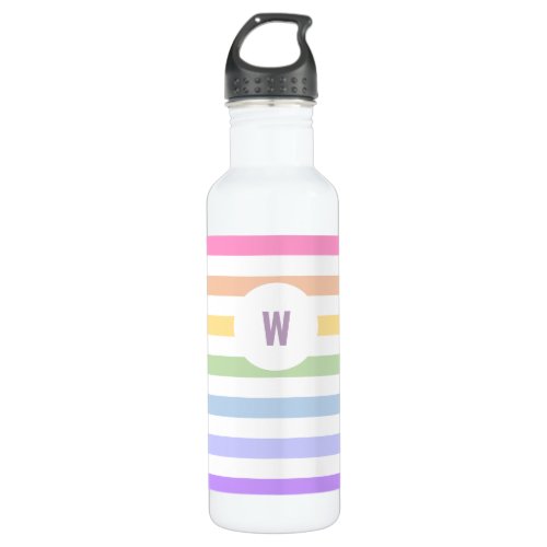 Monogram in White Circle Pastel Rainbow Stripes Stainless Steel Water Bottle