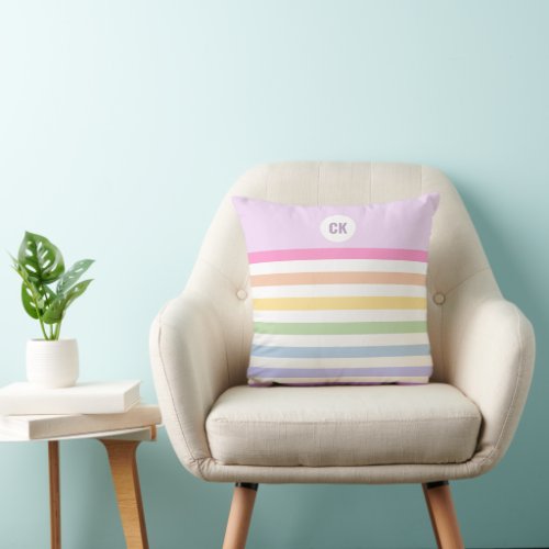 Monogram in White Circle Pastel Rainbow Stripes Throw Pillow