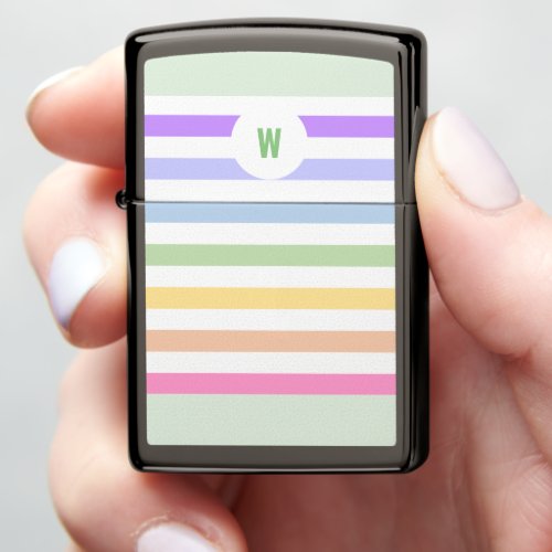 Monogram in White Circle Pastel Rainbow Stripes Zippo Lighter