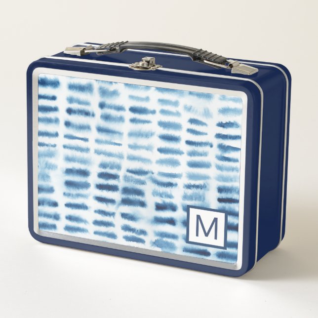 Monogram | Indigio Watercolor Print Metal Lunch Box (Front)