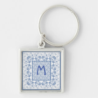 Monogram Indigo Blue Floral Border Keychain