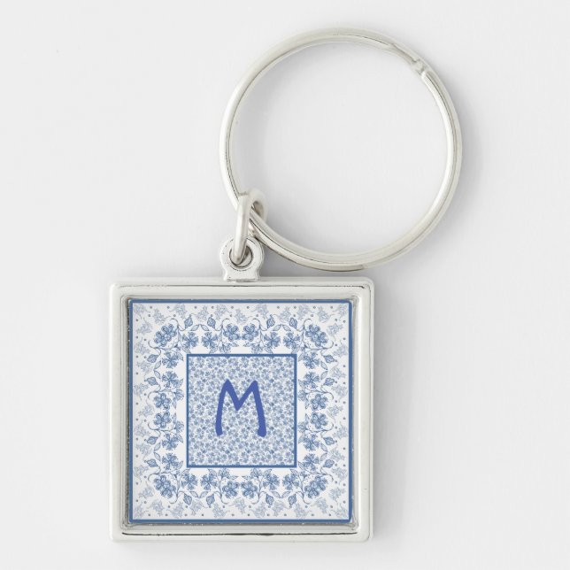 Monogram Indigo Blue Floral Border Keychain (Front)