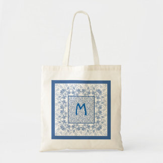 Monogram Indigo Blue Floral Border Tote Bag