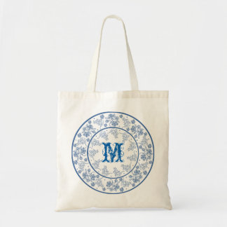 Monogram Indigo Blue Floral Border Tote Bag