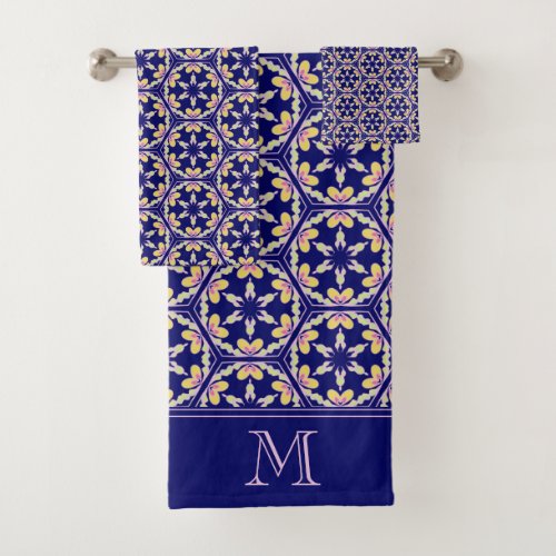 Monogram Indigo Blue Spanish Mediterranean Tile Bath Towel Set