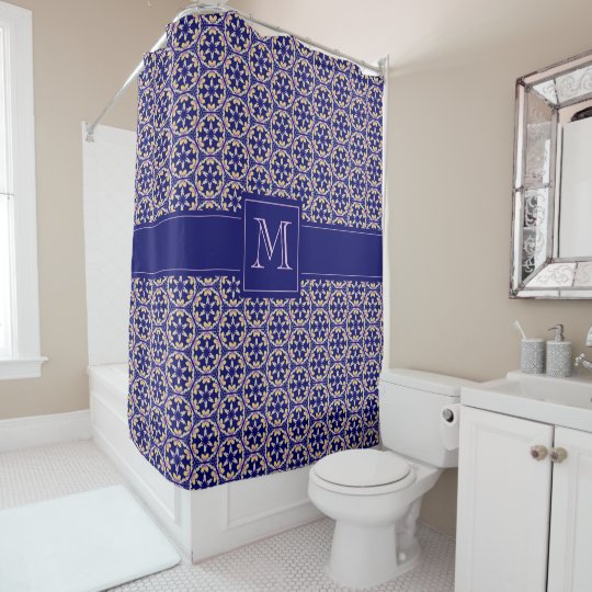 Monogram Indigo Blue Spanish Mediterranean Tile Shower Curtain