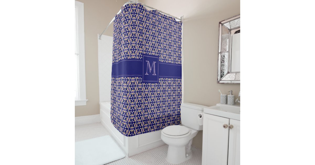 Monogram Indigo Blue Spanish Mediterranean Tile Shower Curtain