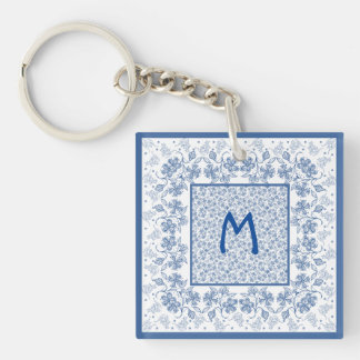 Monogram Indigo Floral Border Acrylic Keychain
