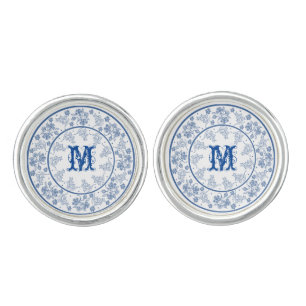Monogram Indigo Floral Border Round Cufflinks