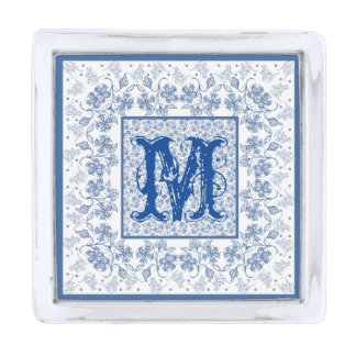 Monogram Indigo Floral Border Square Lapel Pin