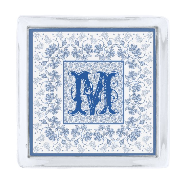 Monogram Indigo Floral Border Square Lapel Pin (Front)