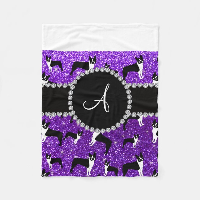 Monogram indigo purple glitter boston terriers fleece blanket (Front)