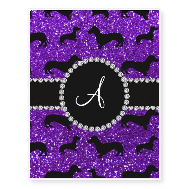 Monogram indigo purple glitter dachshund temporary tattoos (Front)