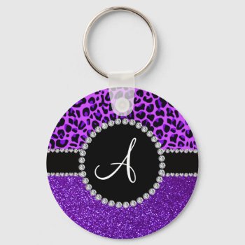 Monogram Indigo Purple Glitter Neon Purple Leopard Keychain by Brothergravydesigns at Zazzle