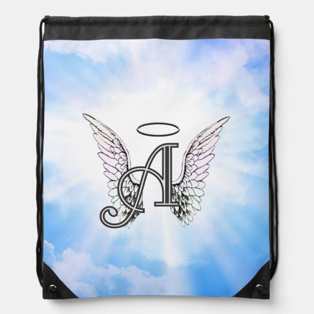 Monogram Initial A, Angel Wings & Halo w/ Clouds Drawstring Bag (Front)