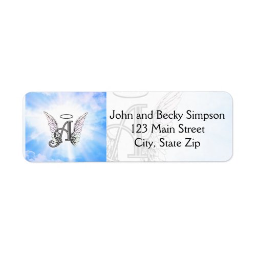 Monogram Initial A Angel Wings  Halo w Clouds Label