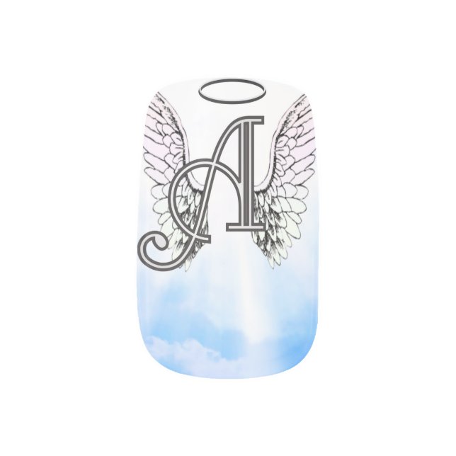 Monogram Initial A, Angel Wings & Halo w/ Clouds Minx Nail Wraps (Left Thumb)