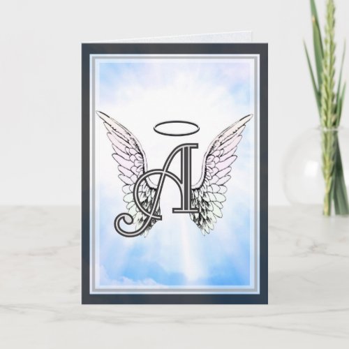 Monogram Initial A Angel Wings  Halo w Clouds Note Card