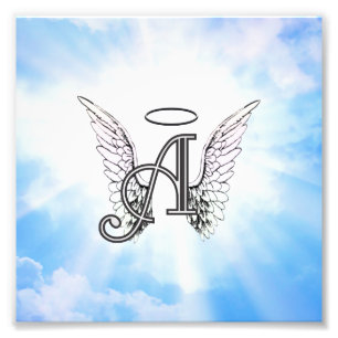 Monogram Initial A, Angel Wings & Halo w/ Clouds Photo Print