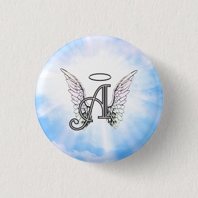 Monogram Initial A, Angel Wings & Halo w/ Clouds Pinback Button (Front)
