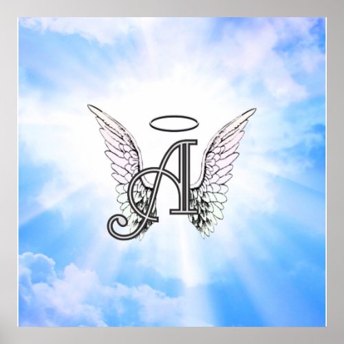 Monogram Initial A Angel Wings  Halo w Clouds Poster